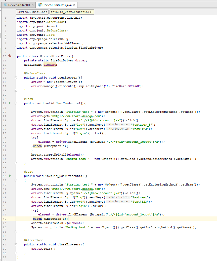 Test example using JUnit